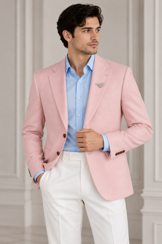 Blush Pink Tailored Blazer with Sky Blue Shirt & Ivory Trousers