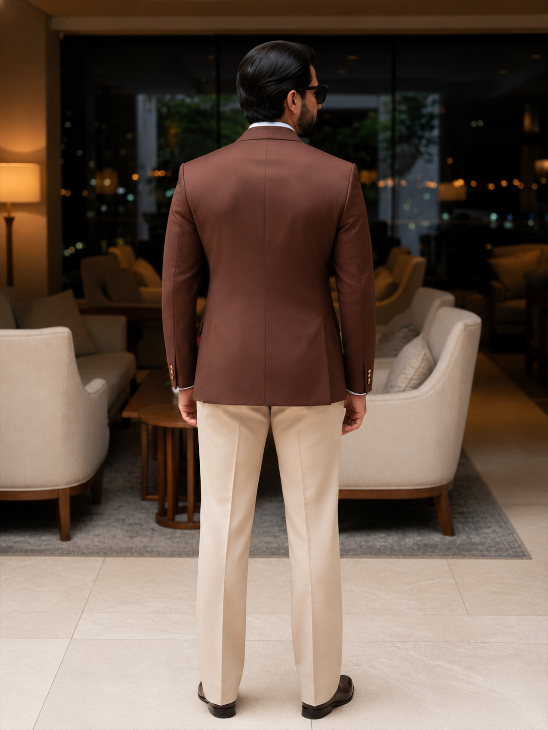 Rich Mocha Brown Double-Breasted Blazer with Beige Trousers – Timeless Luxury & Modern Elegance