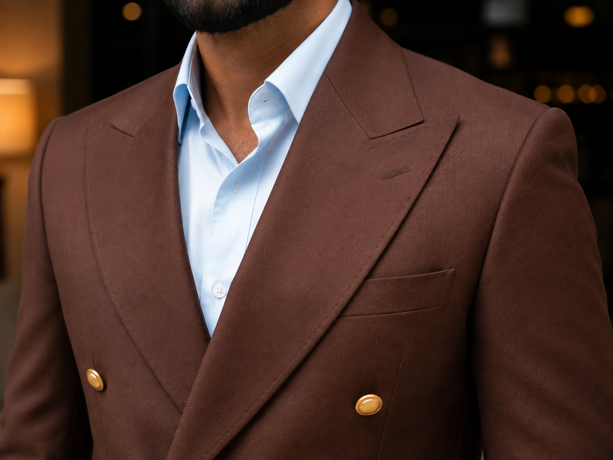 Rich Mocha Brown Double-Breasted Blazer with Beige Trousers – Timeless Luxury & Modern Elegance