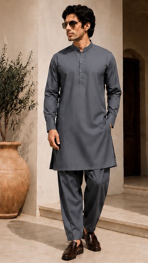 SAGAR Premium Steel Grey Kurta Pyjama for Men | Soft Cotton Blend | Mandarin Collar | Straight Fit