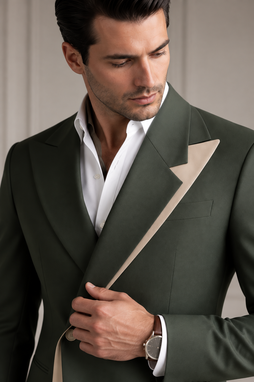 Forest Green Asymmetric Designer Suit with Contrast Lapel