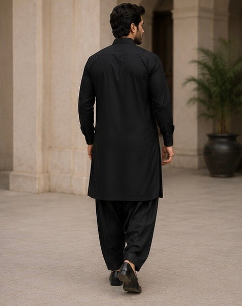 SIYARAM'S Signature Black Premium Pathani Suit – Super Soft Wash & Wear Fabric