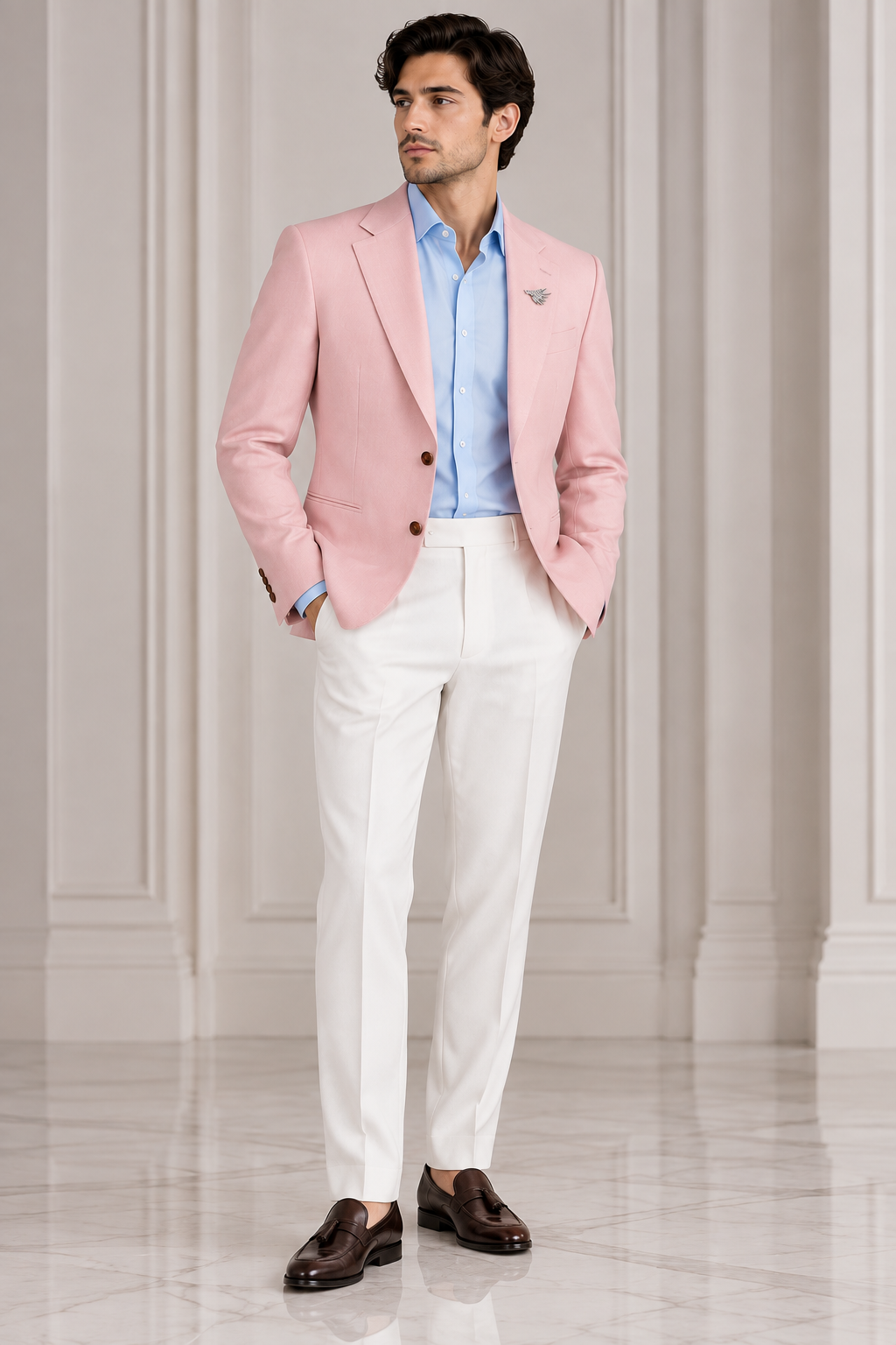 Blush Pink Tailored Blazer with Sky Blue Shirt & Ivory Trousers