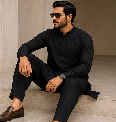 SIYARAM'S Premium Black Cotton Kurta Pyjama Set – Straight Fit Trouser | Mandarin Collar | Pocket-Free | Regular Fit