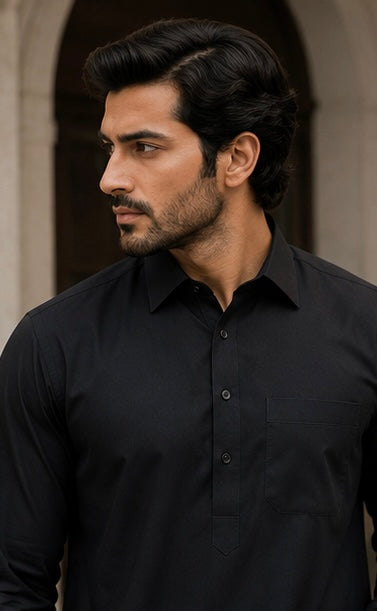 SIYARAM'S Signature Black Premium Pathani Suit – Super Soft Wash & Wear Fabric