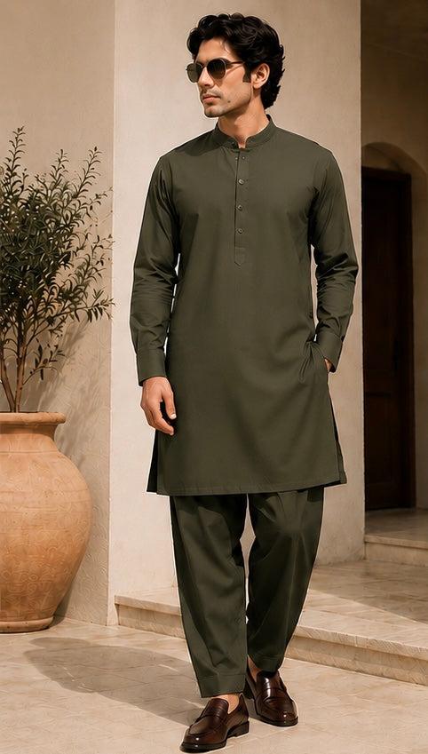MAFATLAL Premium Olive Green Pathani Kurta Pyjama for Men | Soft Cotton Blend | Mandarin Collar | Straight