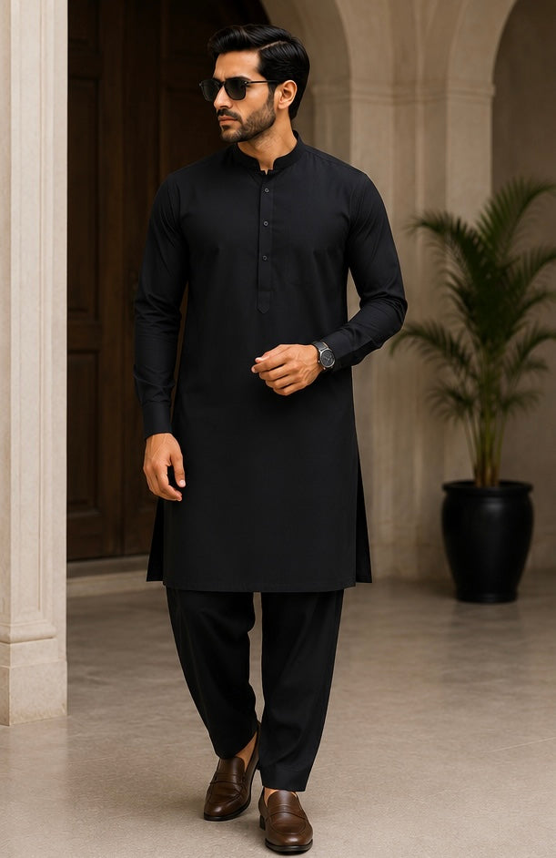 SIYARAM'S Premium Black Cotton Kurta Pyjama Set – Straight Fit Trouser | Mandarin Collar | Pocket-Free | Regular Fit