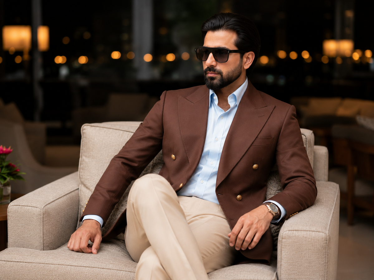 Rich Mocha Brown Double-Breasted Blazer with Beige Trousers – Timeless Luxury & Modern Elegance