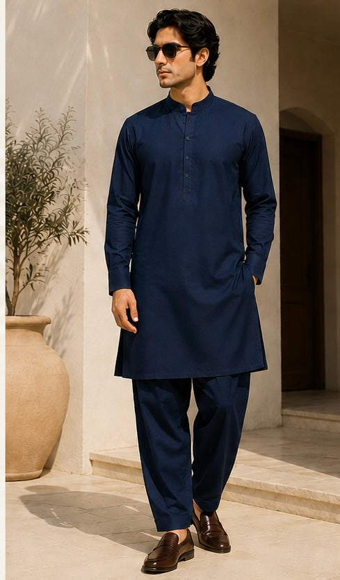 SAGAR Premium Navy Blue Kurta Pyjama for Men | Soft Cotton Blend | Mandarin Collar | Straight Fit