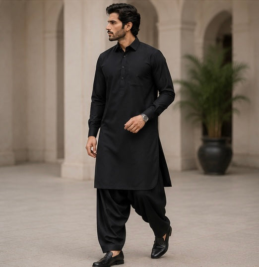 SIYARAM'S Signature Black Premium Pathani Suit – Super Soft Wash & Wear Fabric