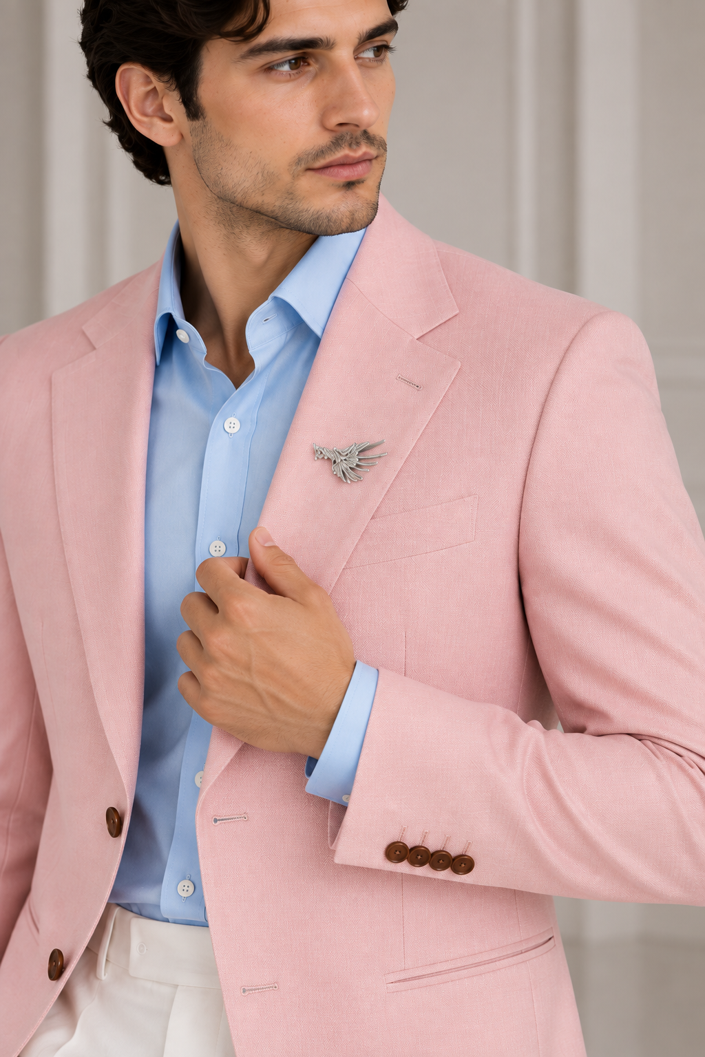 Blush Pink Tailored Blazer with Sky Blue Shirt & Ivory Trousers