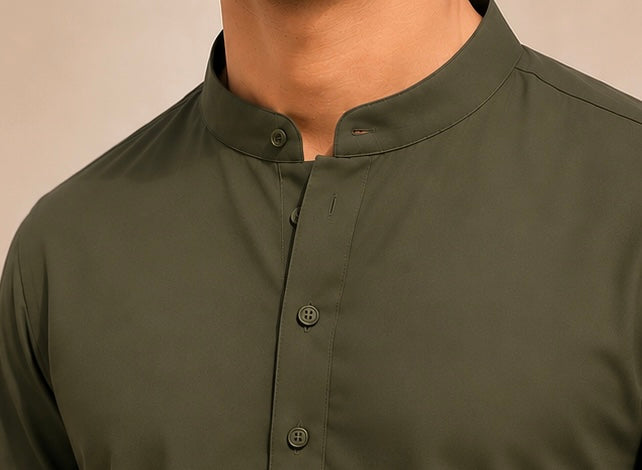 MAFATLAL Premium Olive Green Pathani Kurta Pyjama for Men | Soft Cotton Blend | Mandarin Collar | Straight