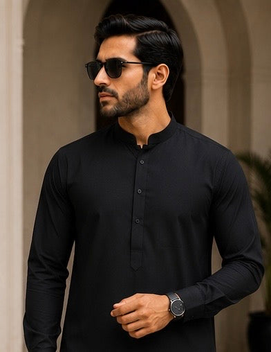 SIYARAM'S Premium Black Cotton Kurta Pyjama Set – Straight Fit Trouser | Mandarin Collar | Pocket-Free | Regular Fit