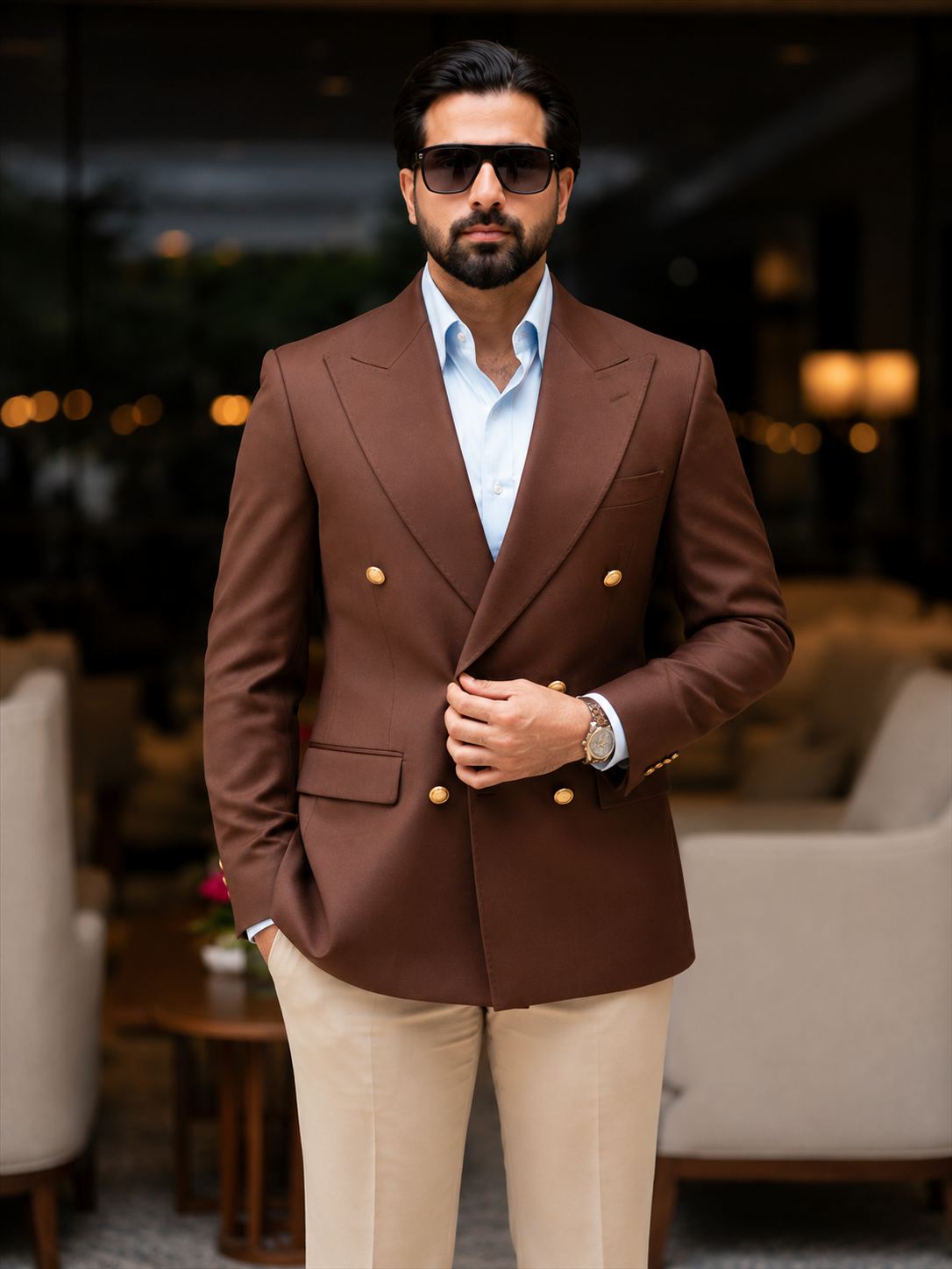 Rich Mocha Brown Double-Breasted Blazer with Beige Trousers – Timeless Luxury & Modern Elegance