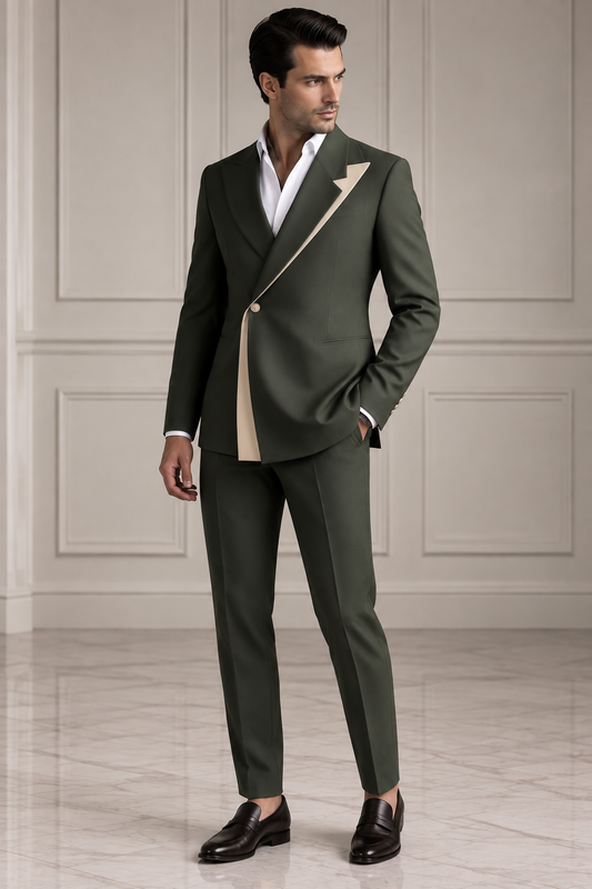 Forest Green Asymmetric Designer Suit with Contrast Lapel