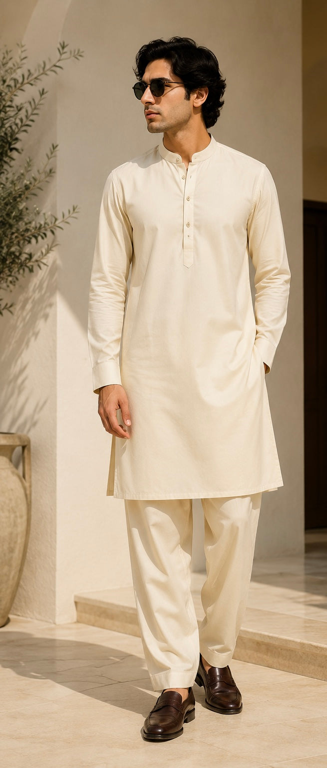 ROVIRO Premium Cream Kurta Pyjama for Men | Soft Cotton Blend | Mandarin Collar | Straight Fit