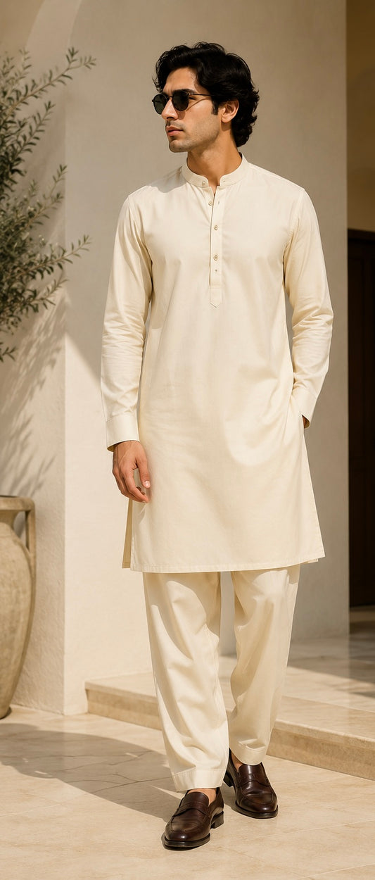 ROVIRO Premium Cream Kurta Pyjama for Men | Soft Cotton Blend | Mandarin Collar | Straight Fit