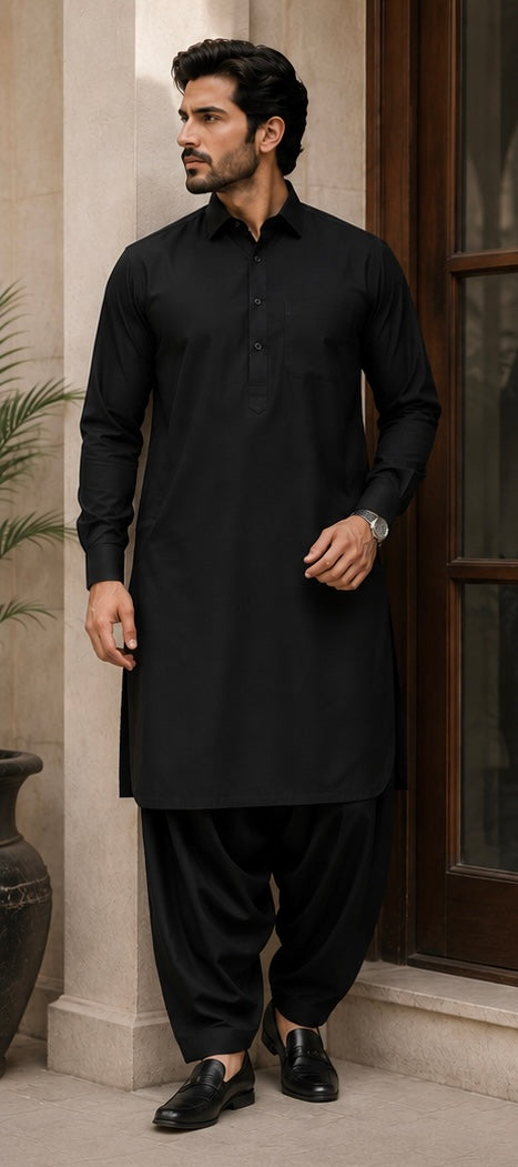 SIYARAM'S Signature Black Premium Pathani Suit – Super Soft Wash & Wear Fabric
