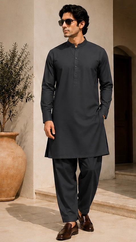 MAFATLAL Premium Charcoal Grey Kurta Pyjama for Men | Soft Cotton Blend | Mandarin Collar | Straight Fit