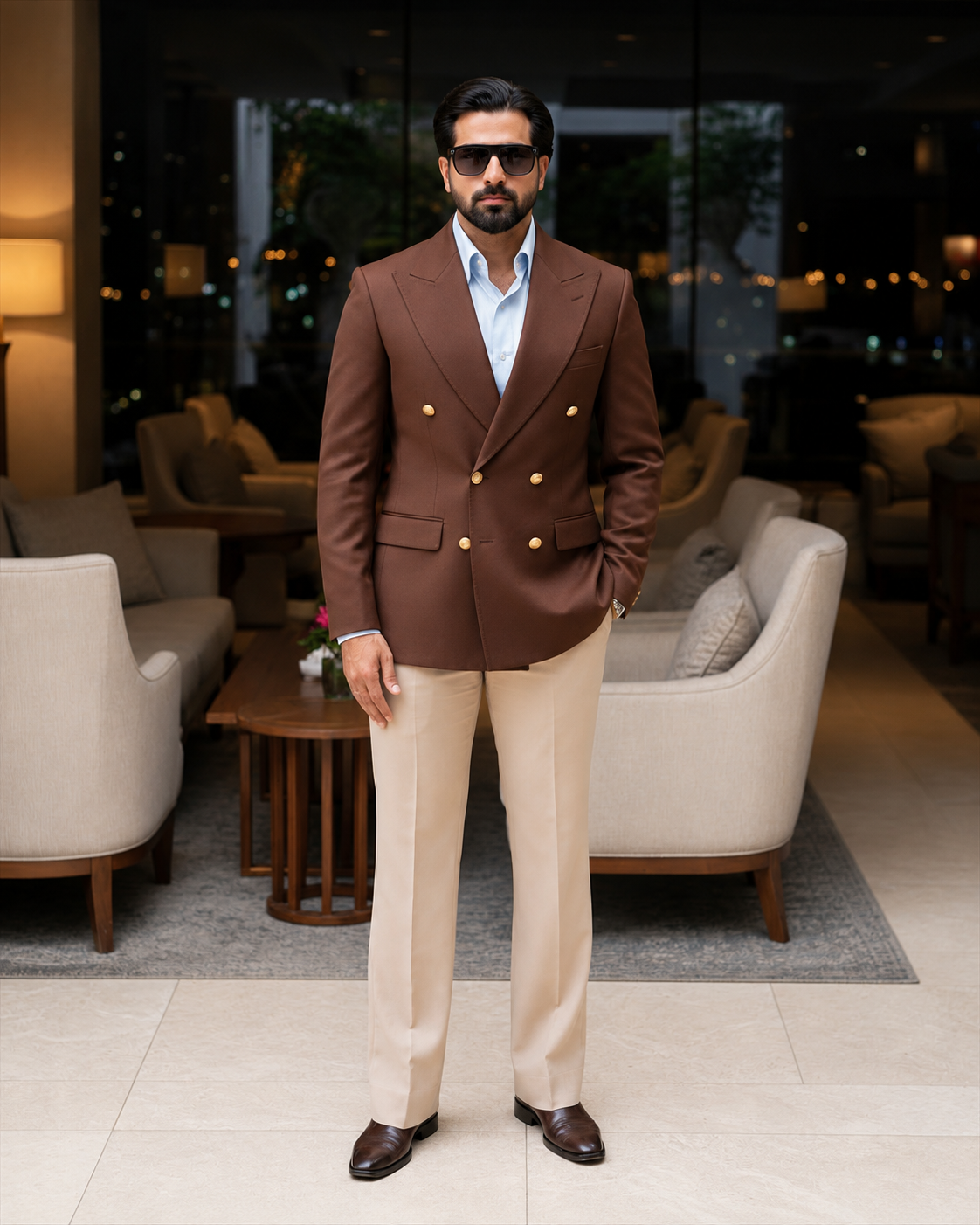 Rich Mocha Brown Double-Breasted Blazer with Beige Trousers – Timeless Luxury & Modern Elegance