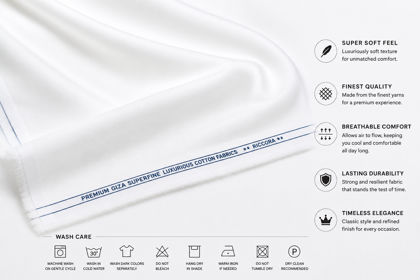 RICCORA Premium Superfine White Cotton Fabric | Soft, Breathable & Tailoring Quality