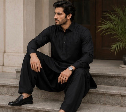 SIYARAM'S Signature Black Premium Pathani Suit – Super Soft Wash & Wear Fabric
