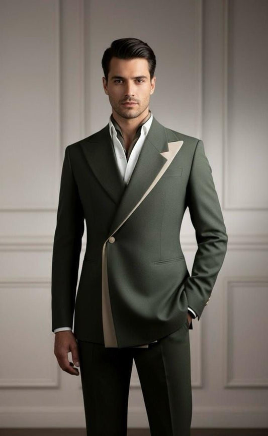 Forest Green Asymmetric Designer Suit with Contrast Lapel