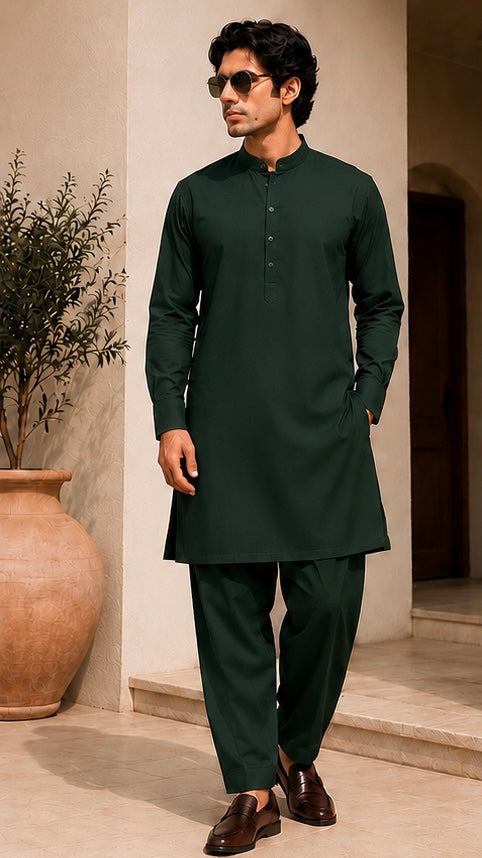 GEE CEE Premium Bottle Green Kurta Pyjama for Men | Soft Cotton Blend | Mandarin Collar | Straight Fit