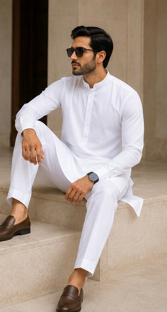 RICCORA Premium White Cotton Kurta Pyjama Set – Straight Fit Trouser | Mandarin Collar | Regular Fit | Abubakr Fashion Tailors