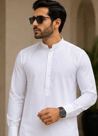 RICCORA Premium White Cotton Kurta Pyjama Set – Straight Fit Trouser | Mandarin Collar | Regular Fit | Abubakr Fashion Tailors