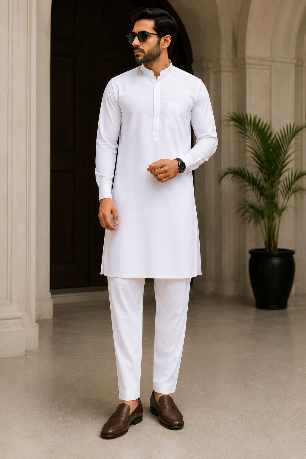 RICCORA Premium White Cotton Kurta Pyjama Set – Straight Fit Trouser | Mandarin Collar | Regular Fit | Abubakr Fashion Tailors