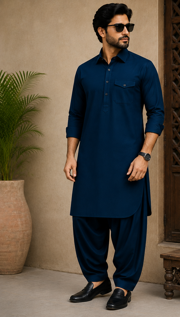 SAGAR Dark Denim Blue Pathani Suit for Men – Premium Traditional Kurta & Salwar Set | Chest Pocket Design | Soft Breathable Fabric | Regular Fit | Ethnic & Festive Wear