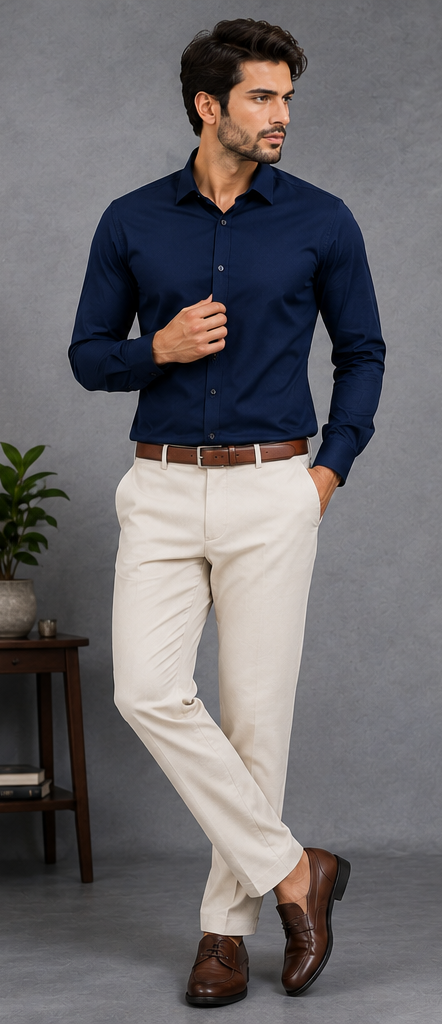 RUKMAN Men's Premium Navy Blue Cotton Shirt | Full Sleeve Formal, Business & Smart Casual Shirt