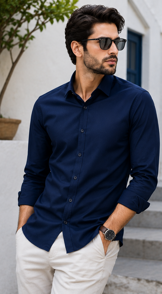RUKMAN Men's Premium Navy Blue Cotton Shirt | Full Sleeve Formal, Business & Smart Casual Shirt