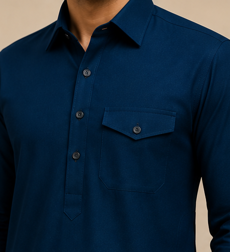 SAGAR Dark Denim Blue Pathani Suit for Men – Premium Traditional Kurta & Salwar Set | Chest Pocket Design | Soft Breathable Fabric | Regular Fit | Ethnic & Festive Wear