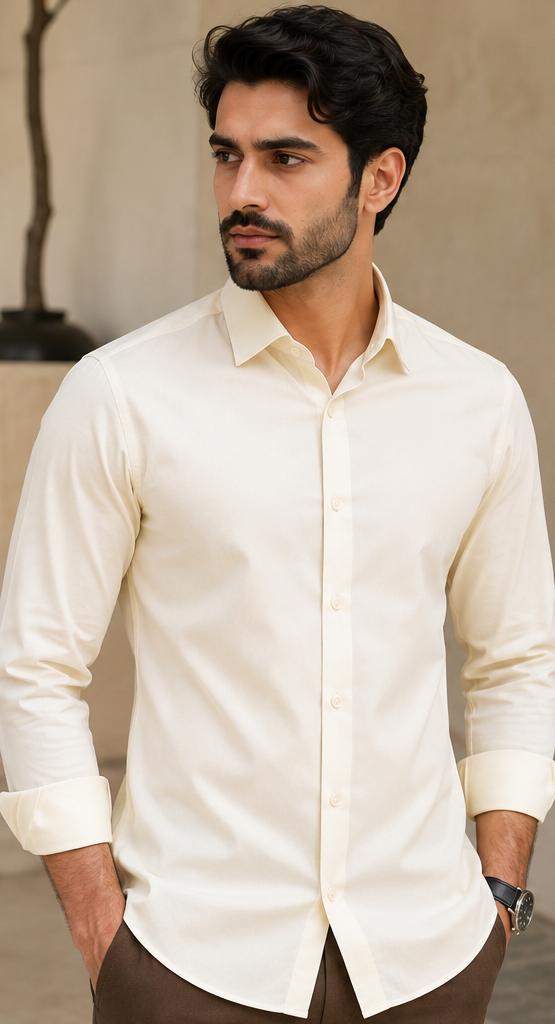 ROVIRO Premium Cream Cotton Shirt for Men | Elegant Full Sleeve Formal & Smart Casual Shirt