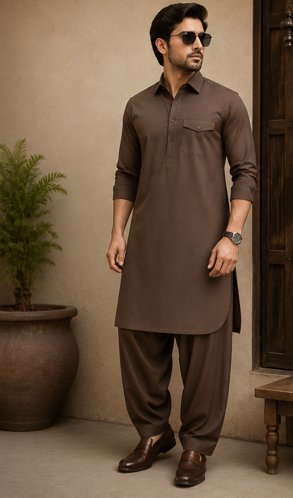 HAJI SAAB Premium Mocha Pathani Suit for Men – Elegant Traditional Kurta & Salwar Set | Soft, Breathable Fabric | Classic Regular Fit
