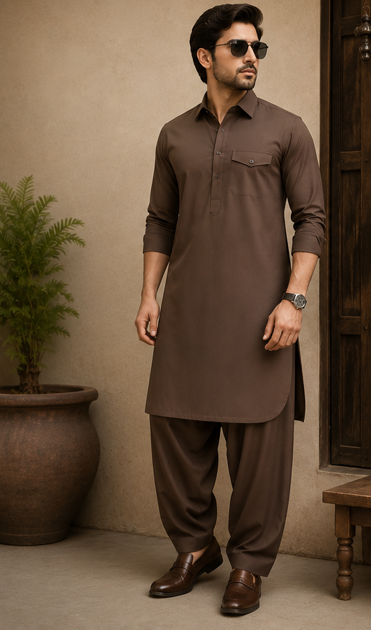 HAJI SAAB Premium Mocha Pathani Suit for Men – Elegant Traditional Kurta & Salwar Set | Soft, Breathable Fabric | Classic Regular Fit