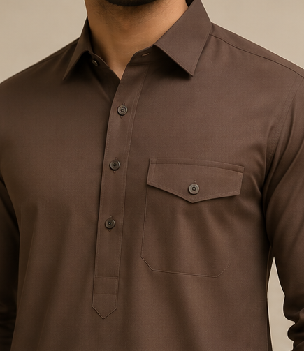 HAJI SAAB Premium Mocha Pathani Suit for Men – Elegant Traditional Kurta & Salwar Set | Soft, Breathable Fabric | Classic Regular Fit