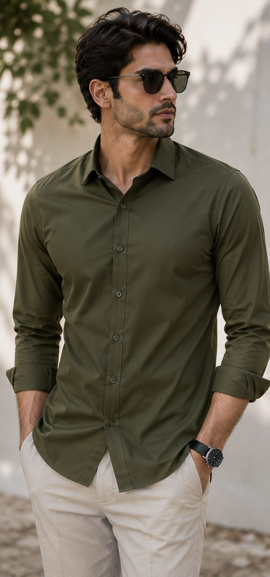 RUKMAN Men's Premium Olive Green Cotton Shirt | Full Sleeve Smart Casual & Formal Shirt