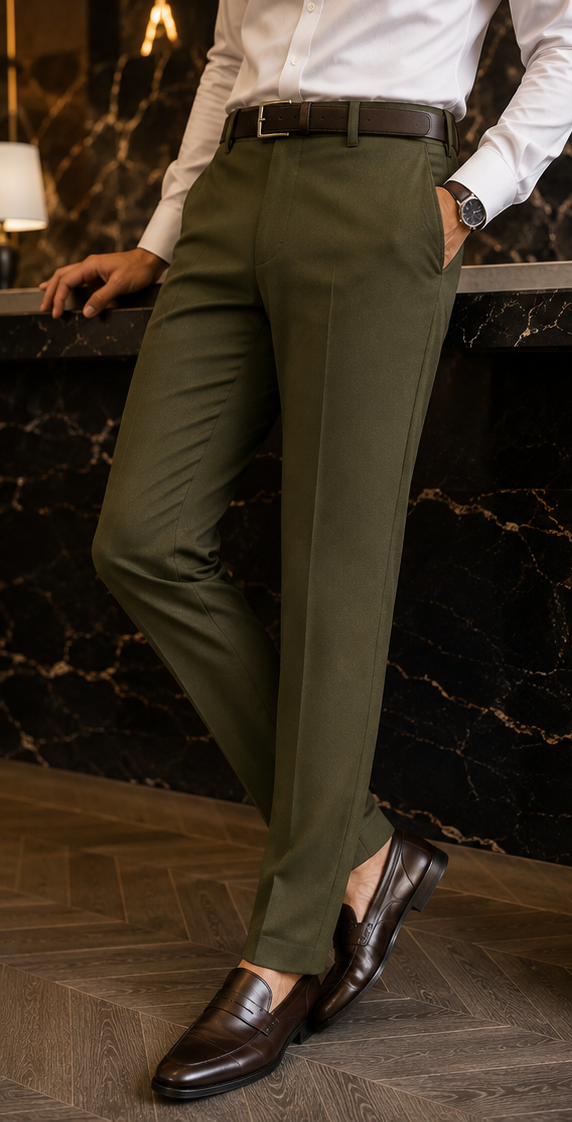MARK & PENNY Men's Premium Olive Green Formal Pant | Tailored Fit