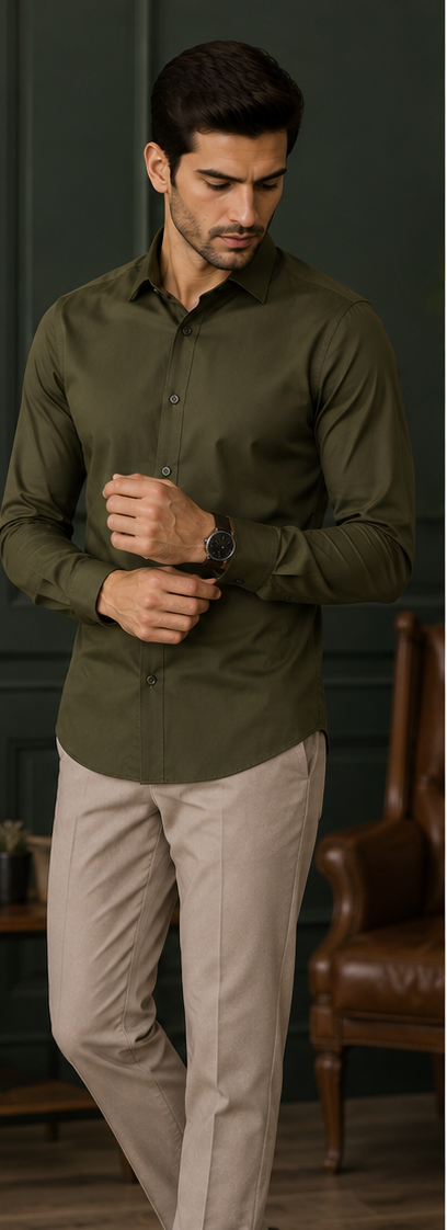 RUKMAN Men's Premium Olive Green Cotton Shirt | Full Sleeve Smart Casual & Formal Shirt