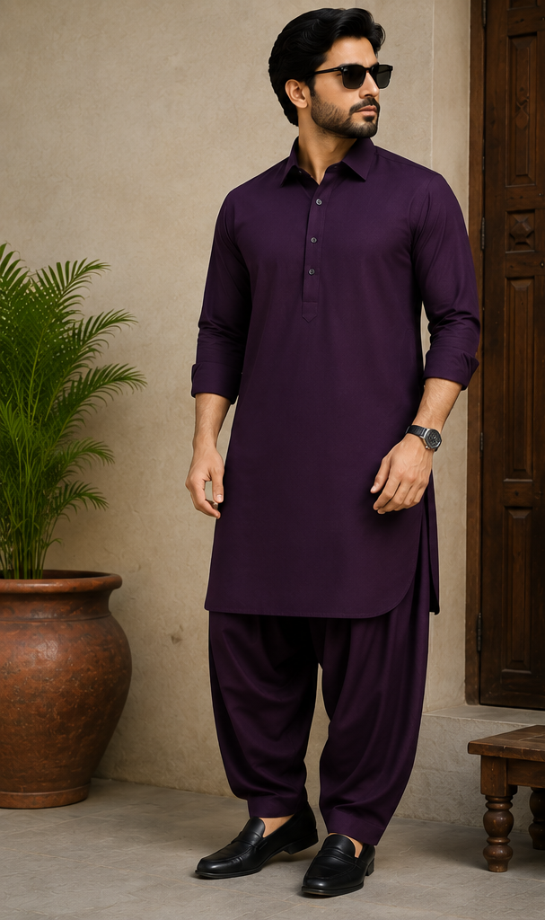 HAJI SAAB Deep Purple Pathani Suit for Men – Premium Traditional Kurta & Salwar Set | Soft Breathable Fabric | Regular Fit